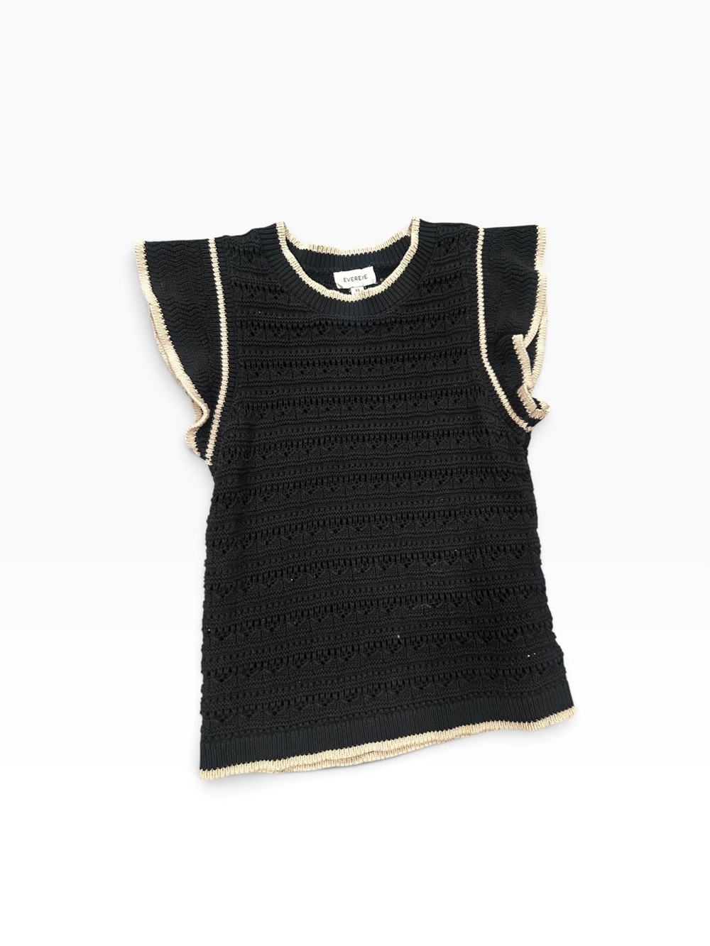 Evereve Black Knit Flutter Sleeve Tank with Cream Trim Accent